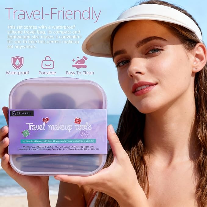 BS-MALL Travel Makeup Brush Set 12 Pcs with Super Soft Makeup Sponges 6 Pcs – Professional, Portable & Multi-Purpose Beauty Tool Kit in Silicone Cosmetic Bag for Daily Use