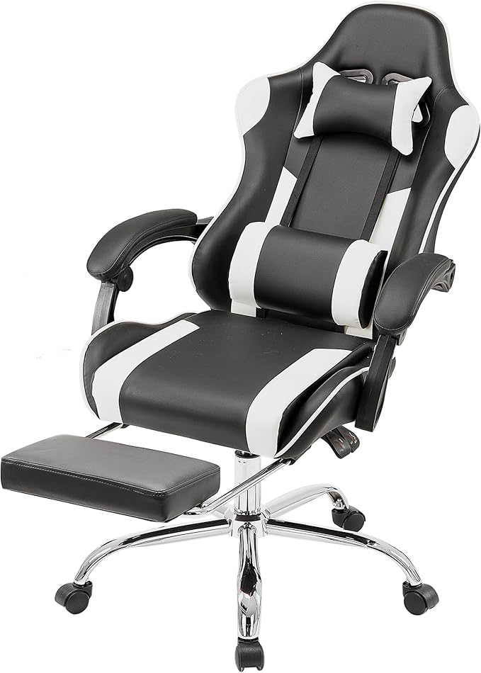 NEWBULIG Computer Gaming Desk Chair - High Back Ergonomic Lumbar Support with Footrest and Headrest, Comfy PU Leather Recliner with Linkage Armrest, Height Adjustable and 360° Swivel, White