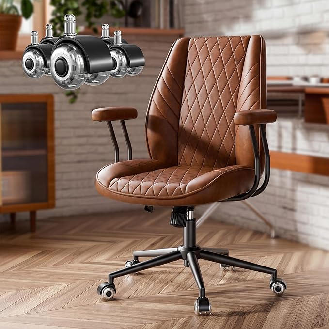 Brown Leather Office Desk Chair with Quiet Rubber Wheels, Height Adjustable, Padded Arms, Vintage Mid Century Office Chair, Retro Style Desk Chair