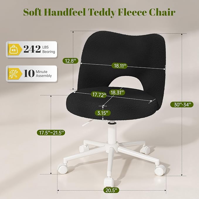 Small Vanity Chair with Silent Wheels Black, Cute Vanity Chair with Back,Ultra-Plush Fleece Cute Desk Chair, Small Office Chair Height Adjustable,for Make-up Room,Bedroom