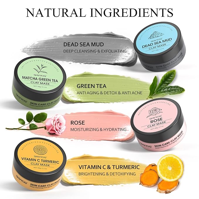 SHVYOG 4Pcs Face Mask Set - Turmeric Clay Mask, Vitamin C, Green Tea, Rose, Dead Sea Mud Mask, Skin Care Mask for Deep Cleansing, Refining Pores, Valentine's Day Gifts for Women- 240g