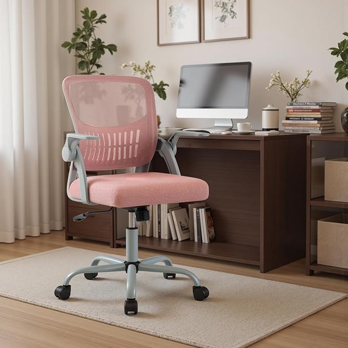 DUMOS Home Office Computer Chair - Ergonomic Mid Back Desk with Lumbar Support and Rocking Mode, Height Adjustable with Flip-up Armrest, for Conference Meeting Room, 360° Swivel, Adults, Pink