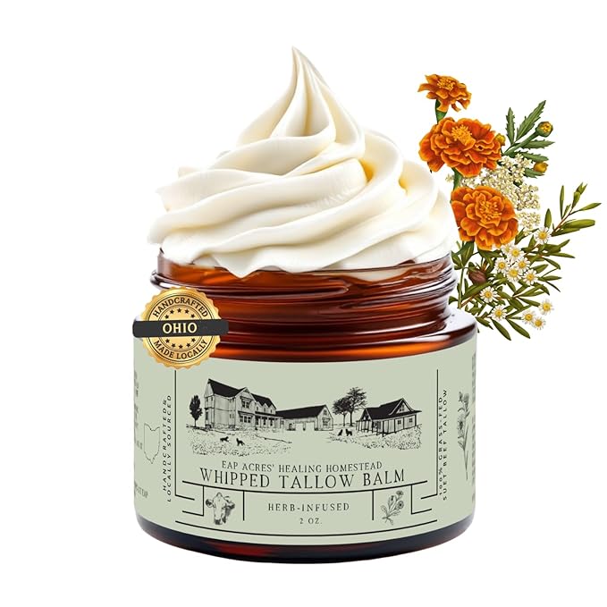 100% Grass-Fed Whipped Tallow Balm & Organic Jojoba Oil infused:Organic Calendule & Chamomile: face & body moisturizer-dry, baby, sensitive skin/eczema, psoriasis (HERB-INFUSED/UNSCENTED)