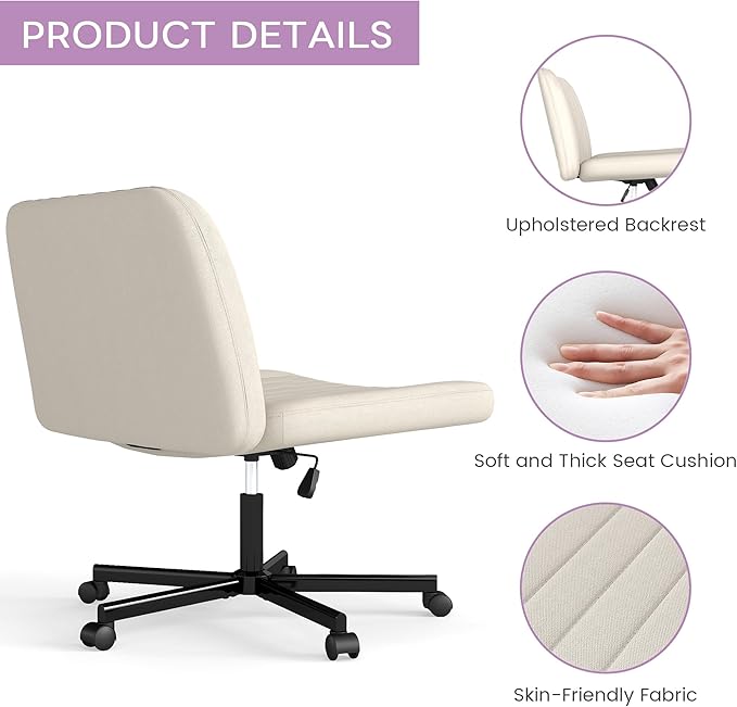 Criss Cross Chair, Extra Wide Armless Rolling Office Desk Chair with Wheels, Plus Size Viral Vanity Legged Chair, Bedroom Beige