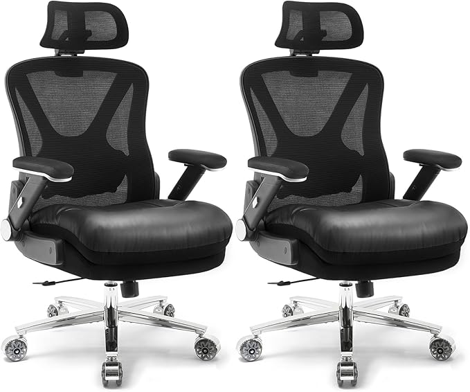 750lbs Ergonomic Office Chair,Upgrade Big and Tall Office Chairs for Heavy People,Mesh High Back Desk Chair with 5D Flip Arms Large Wheels,Adjustable Headrest & Lumbar Support,2 Pack
