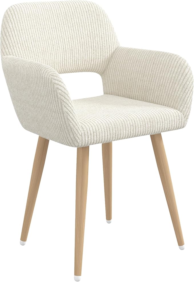Home Office Desk Chair Set of 1, Corduroy Fabric Vanity Chair for Makeup with Hollow Backrest, Comfy Armchair Wood Frame with Strudy Metal Legs, Beige