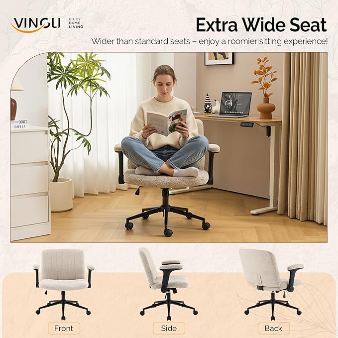 VINGLI Criss Cross Chair with Adjustable Flip-Up Arms,Cross Legged Chair with Wheels,Extra Wide Office Chair,Desk Chair for Home Office,Vanity,Bedroom, Apartment,Starry Chenille,Khaki