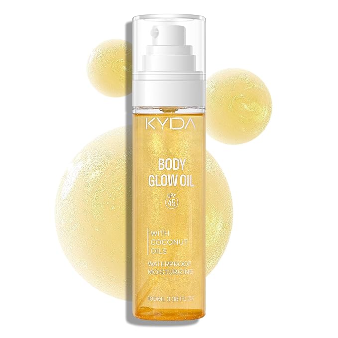 Sunscreen Body Glow Oil, Broad Spectrum SPF 45, Lightweight Waterproof Moisturizing Coconut Shimmer Oil with Gold Mica, Travel Size Summer Sunscreen Skin Illuminator-GOLD, 3.38 fl oz