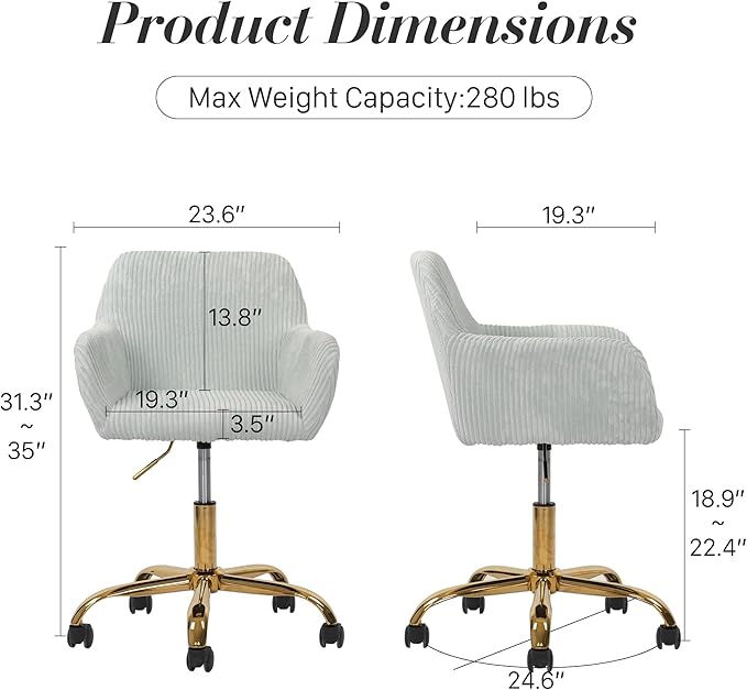 Faux Fur 360°Swivel Desk Chair, Height Adjustable Home Office Armchair with Golden Base for Teens Women Girls, Corduroy & Light Blue