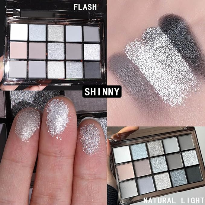 SUAKE 15 Colors Black Gray Silver Matte Shimmer Eyeshadow Palette for Eye Makeup,High Pigmented Brown White Eye Shadow Primers Powder Palet de sombras de ojos