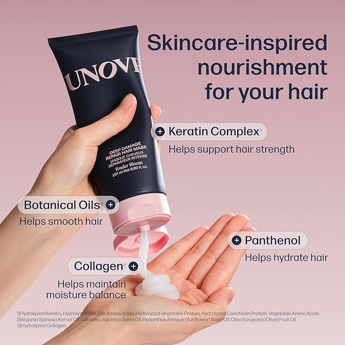 UNOVE Deep Damage Repair Hair Mask - Protein Hair Treatment & Hair Mask for Damaged Hair | Deep Conditioning & Keratin Hair Mask for Dry, Frizzy Hair | Korean Hair Care | Tender Bloom, 10.82 fl oz