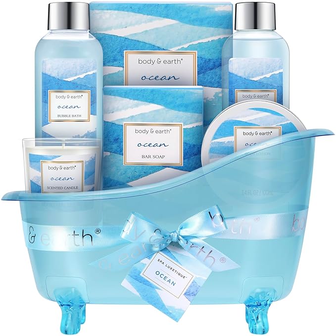 Bath and Body Gift Set for Women, Body & Earth Ocean Gift Basket, 7 Pcs Bath Sets for Women Gift with Bubble Bath, Body Lotion, Scented Candle, Spa Kit for Her, Mother's Day Gifts for Mom