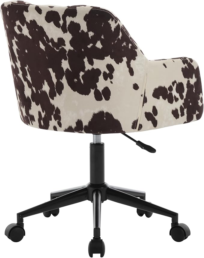 Cow Print Desk Chair Velvet Office Chair, 360° Swivel Work Chair with Mid Back Support Armrest, Adjustable-Height Upholstered Chair for Living Room, Bedroom Home Office, Cow Print