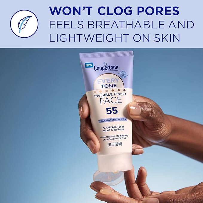 Coppertone Every Tone Invisible Finish Face Sunscreen SPF 55, Lightweight, Blends in Clear Sunscreen for All Skin Tones, 2 Fl Oz Tube (Pack of 2)
