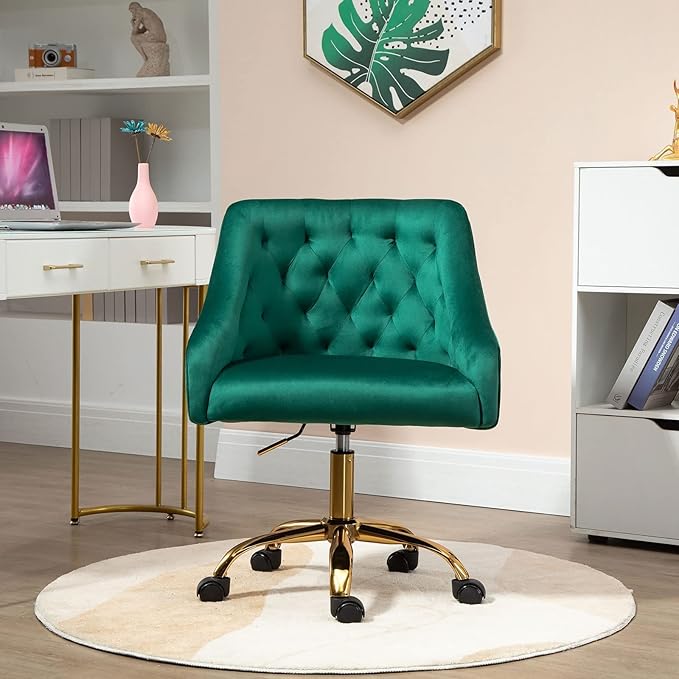 MOJAY Velvet Office Swivel Chair, Vanity Fabric Desk Pretty Fancy Gold Office Chairs for Girls, 360°Swivel Height Adjustable Reception Chair (Green)