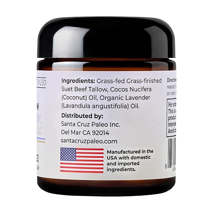 Santa Cruz Paleo, Suet Beef Tallow, Lavendar & Coconut Moisturizer, Organic, Grassfed Beef Tallow Skin Care, Non-Comedogenic Face & Body Moisturizer for Sensitive Skin, Lavendar & Coconut, 3.5 Oz