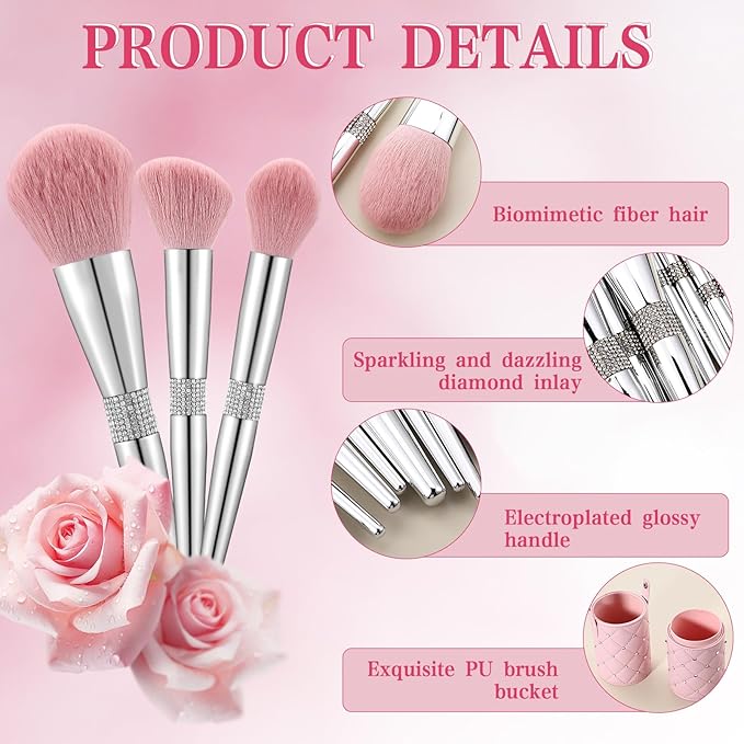 Baderke 11 Pcs Elegant Pink Soft Labeled Christmas Makeup Brushes Sets with Brush Holder Rhinestone Makeup Set with Silver Pink Foundation Powder Blush Blending Contour Brush