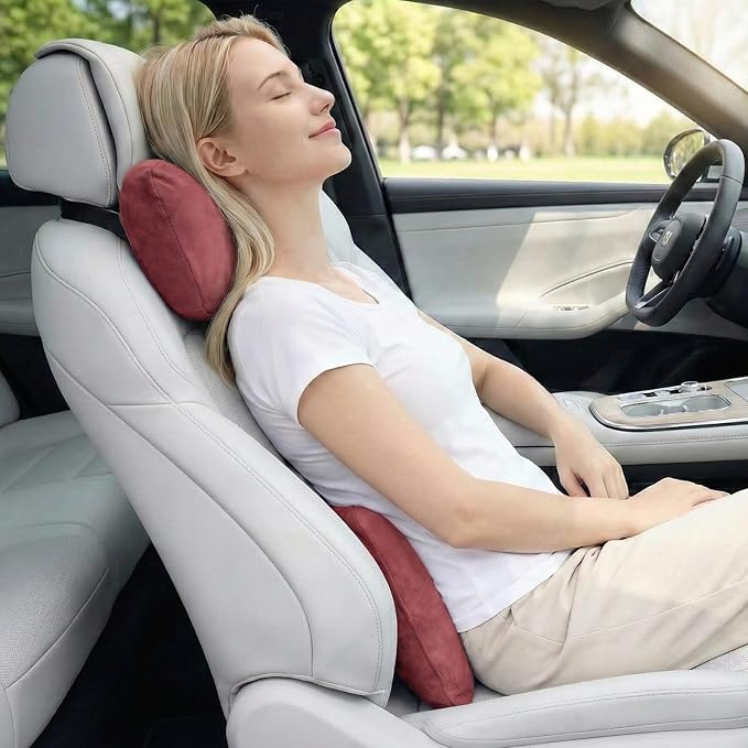 2PCS Car Pillow for Car Neck Pillow for Driving Seat Leather Neck Support Soft Cushion Back Support Head-Rests for Vehicle Sleeping with Elastic Adjustment Strap (Red, Head and Lumbar)