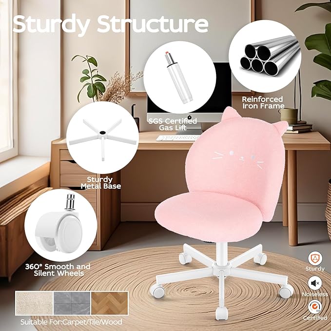 Vanity Chair with Cat Back,Armless Desk Chair Cute Small Office Chair,Teddy Fabric Computer Chair with Adjustable Height,120°Tilting,Rolling,Swivel for Vanity,Kids Room,Office,Bedroom Pink