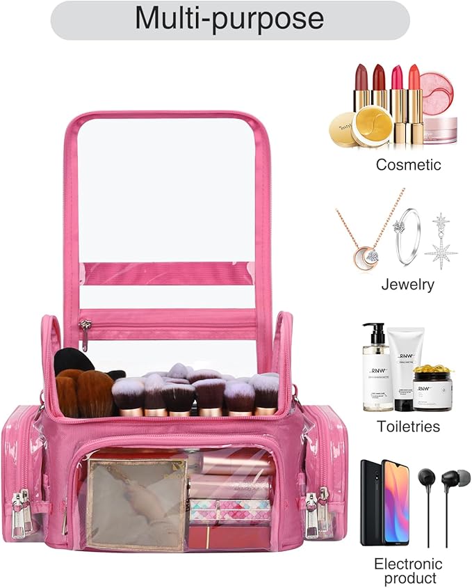 Pink Makeup Brush Bag, Large Makeup Brush Holder Professional Makeup Artist Travel Case Clear Waterproof Cosmetic Organizer Bag, Full Open Easy to Access, with Adjustable Strap and Dividers