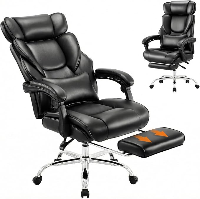 High Back Office Chair with Adjustable Headrest, Retractable Footrest & Lumbar Pillow, Ergonomic Bonded Leather Executive Desk Chair, Thick Padded Cushion, 90–135° Reclining Chair for Home OfficeBlack