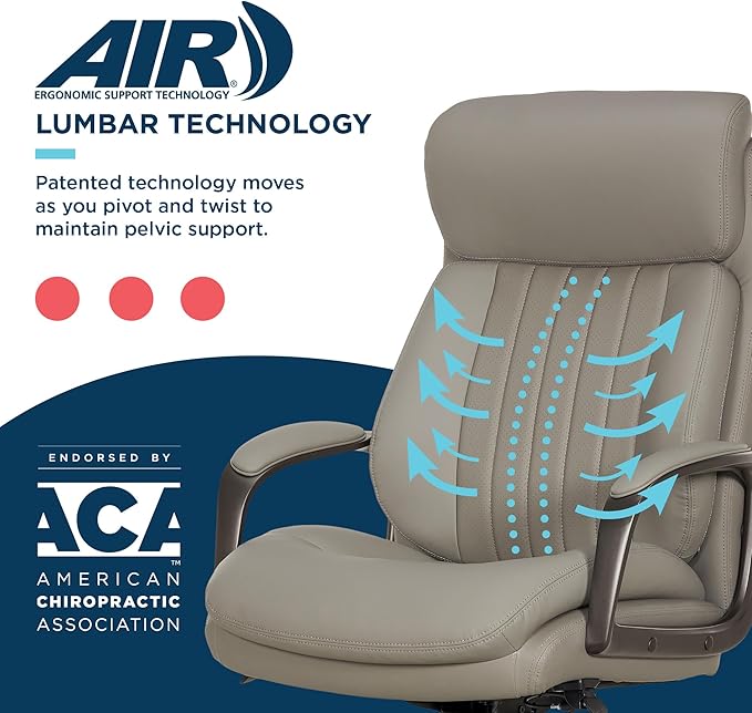 La-Z-Boy Nova Executive Office Chair - Ergonomic High Back Desk Chair with AIR Lumbar Support - Comfortable Computer Chair for Home Office - Vegan Leather - Gray