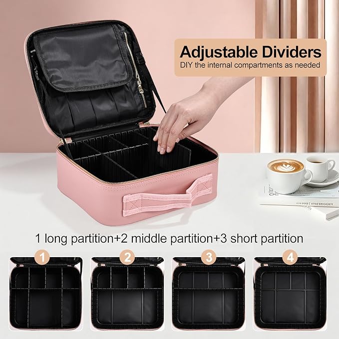 Travel Makeup Bag with Brush Holder, Professional Cosmetic Train Case Organizer for Women, Portable Travel Makeup Brush Carry Case Cosmetic Artist Storage Box with Adjustable Dividers, Leather Pink
