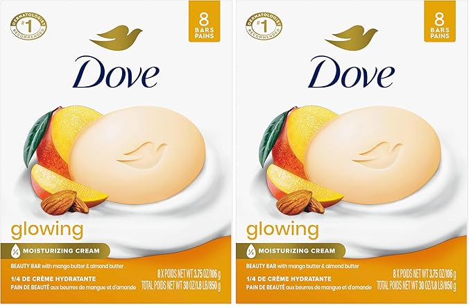 Dove Beauty Bar Soap Glowing Mango & Almond Butters,for Radiant Skin,Illuminates Skin 3.75 oz,(Pack of 16)