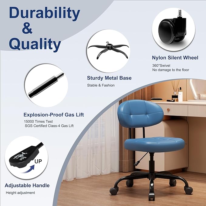 Misolant Vanity Chair with Back, Small Armless Cute Office Chair with Wheels and Lumbar Support, Comfy PU Leather Desk Computer Chairs with Adjustable Height, 360°Swivel for Home Bedroom, Navy Blue