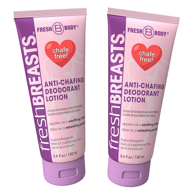 Fresh BREASTS Anti Chafing Deodorant Lotion to Powder, 3.4oz (2 Pack) - Anti Chafe Cream Whole Body Deodorant for Women, Inner Thighs & Areas that Sweat, No Talc, Aluminum or Added Fragrance