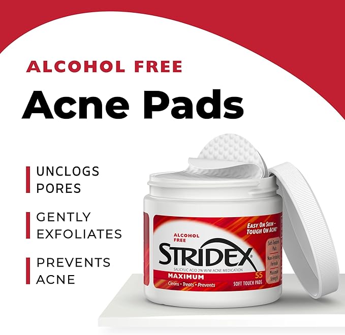 Stridex Medicated Acne Pads, Maximum – Facial Cleansing Wipes, Alcohol Free, Acne's Treatment for Face, For Moderate Acne, Smooth Application, 55 Count (Pack of 2)