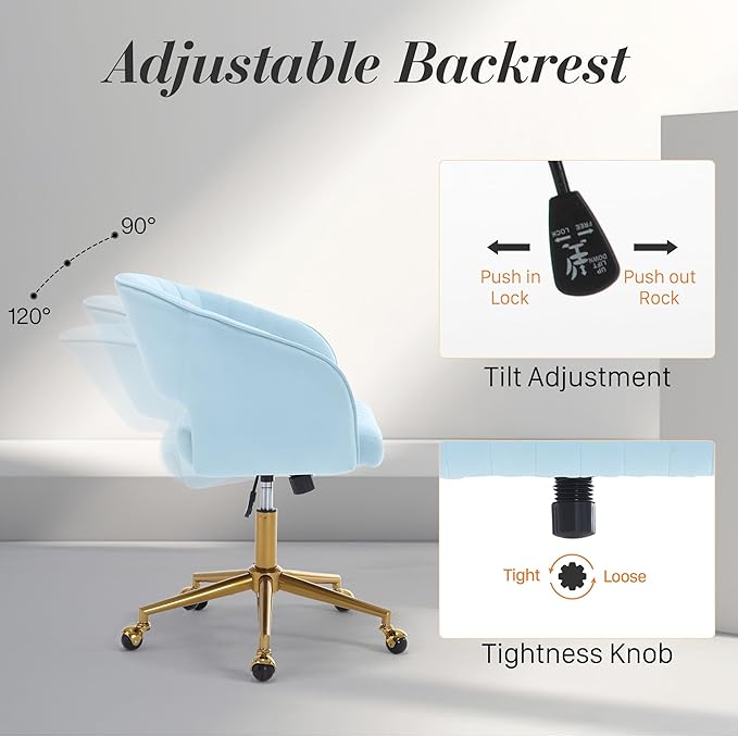 Home Office Swivel Desk Chair, Modern Velvet Vanity Chair, Height Adjustable Armchair with Gold Base, Ergonomic Office Chair for Task Study Computer Room, Light Blue