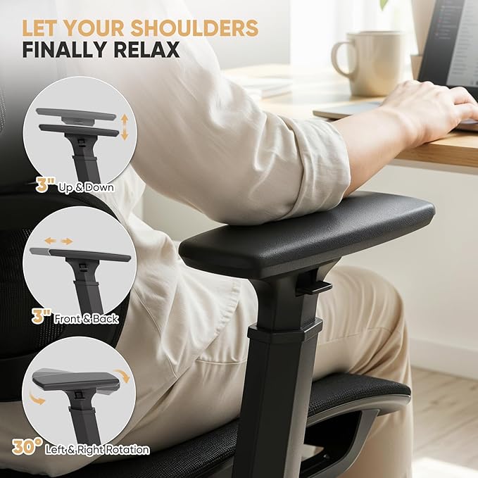 Magshion Ergonomic Office Chair, High Back Desk Chair with Adjustable Headrest, 3D Armrests, Tilt Lock and Lumbar Support, Mesh Computer Chair for Home Office, 350 LBS Capacity, Black