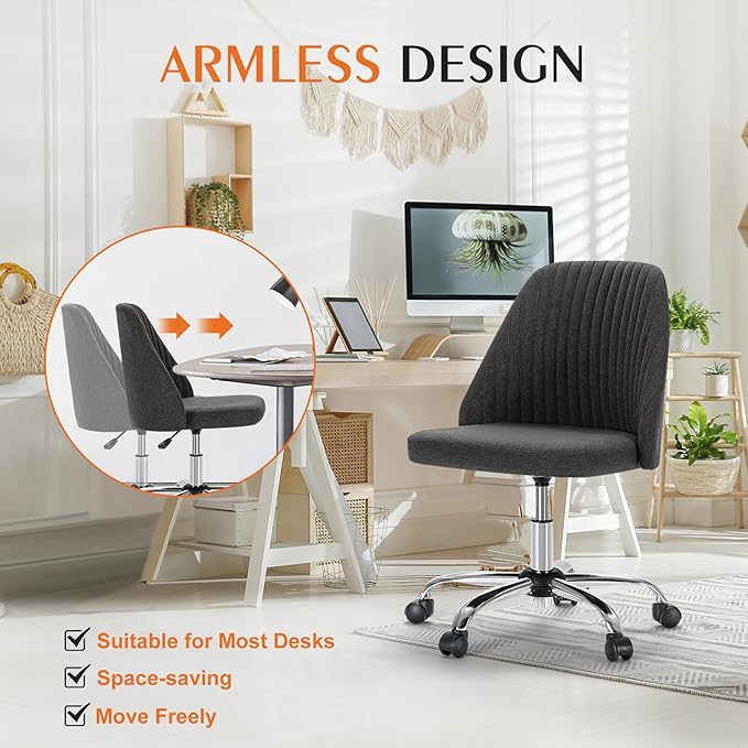 Sweetcrispy Armless Office Chair, Modern Fabric Home Office Desk Chairs with Wheels Adjustable Swivel Task Computer Vanity Seat for Small Spaces