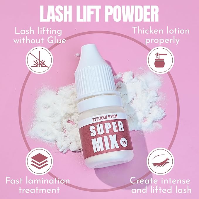 Korean Lash Lift Powder with Lifting Lotion - Glueless Viscosity Enhancer for Eyelash Perm & Lift, Super Mix Solution Keratin Eyelash Lift