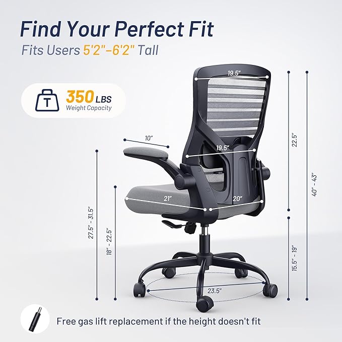 Office Desk Chair for Long Hours & Lower Back Pain Relief – 4“ Thick Molded Foam Cushion, Enhanced Lumbar Support, Padded Flip-up Armrests, Ideal for Office or Study, Dark Gray