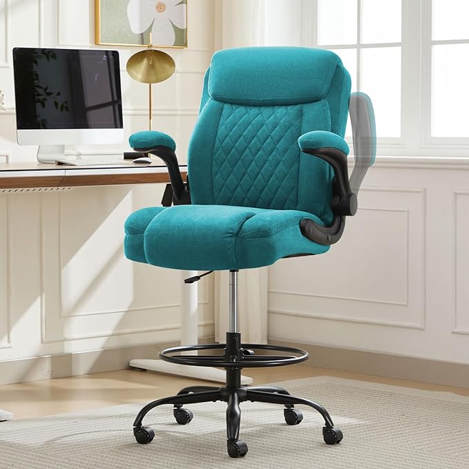 Drafting Chair for Standing Desk – Tall Office Chair with Adjustable Height & Foot Ring, Flip-Up Arms, Lumbar Support – Comfortable Fabric Seat, Ideal Home Desk Chair
