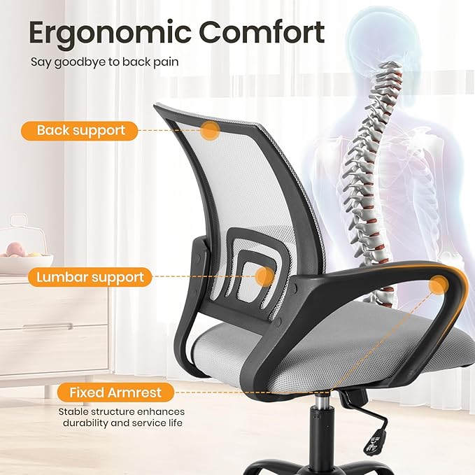 NEWBULIG Computer Desk Office Chair, Ergonomic Mid-Back Swivel Rolling Chair with Breathable Backrest and Lumbar Support Wheels, Mesh Office Chairs for Adults Home Task Gaming, Gray 2 Pack