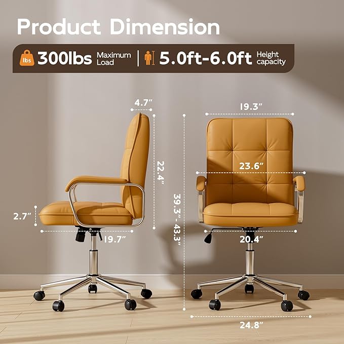 Brown Leather Office Desk Chair, Swivel Computer Home Office Desk Chair with Wheels and Padded Arms, Adjustable Height and Tilt