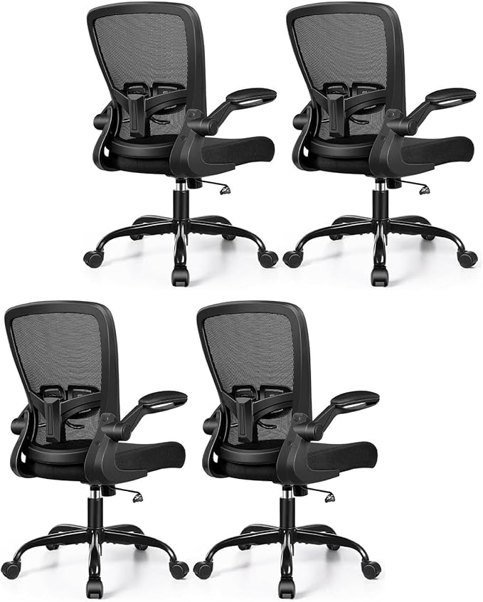 Ergonomic Office Chair 2026 - Mesh Desk Chair with Flip-up Armrests, Adjustable Height and Lumbar, 360° Swivel Comfortable Computer Chairs for Home, Conference Room, Reception, 350lbs, 4 Pack