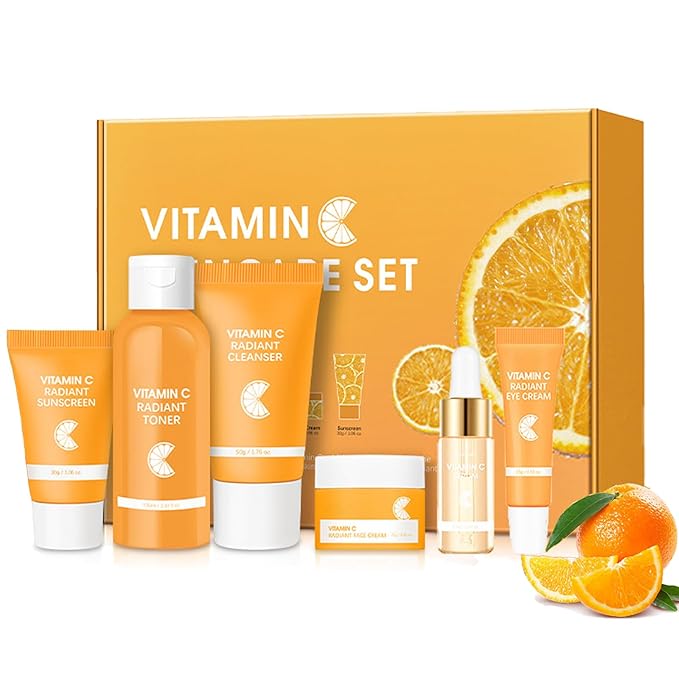 Skin Care Set, Vitamin C Facial Kit for Women, Face Skin Care Kit with Facial Cleanser, Face Serum, Face Cream, Eye Cream, Toner, Sunscreen for Hydrating Skin