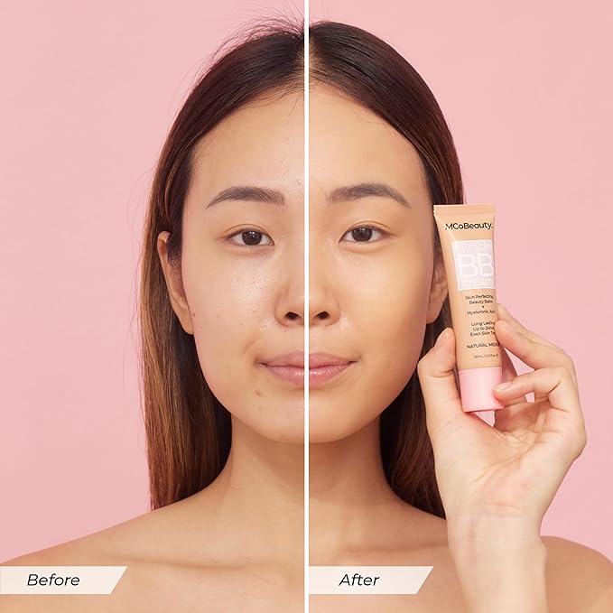 MCoBeauty Miracle BB Cream Medium Beige - Skin Tint Foundation Primer with Hyaluronic Acid Glycerin - Lightweight Dewy Coverage Tinted Moisturizer for Face - Vegan Cruelty Free Makeup, Tone Balancing