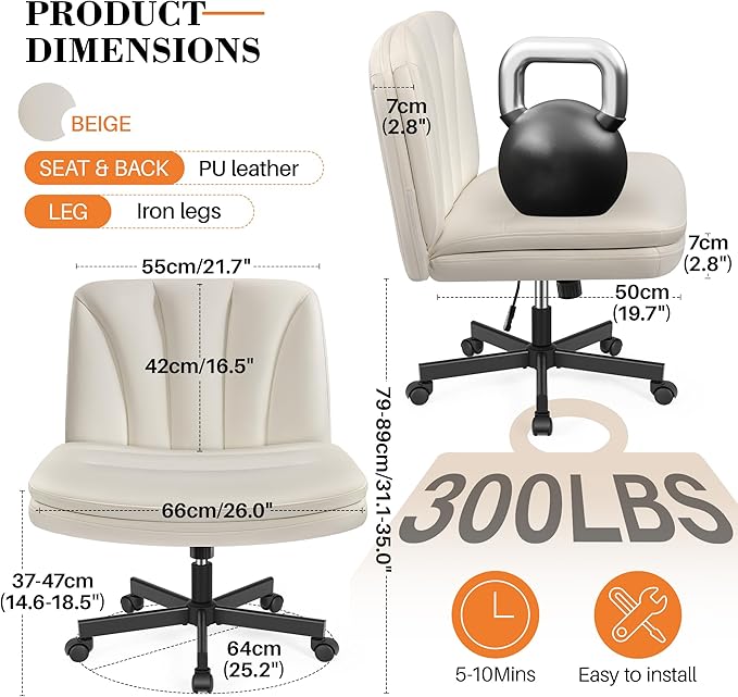 FelixKing Criss Cross Chair with Wheels, Cross Legged Office Chair, Armless Wide Vanity Desk Chair with Comfty PU Leather & Back - Swivel Height Ajustable for Home Office Bedroom, Pearl White