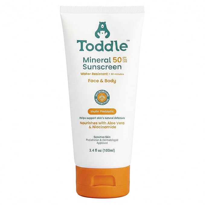Prebiotic Mineral Sunscreen SPF 50 for Kids & Baby, Face & Body Sun Protection, Reef Safe, Non-Toxic Zinc Oxide Broad Spectrum, Water-Resistant, No White Cast, Travel Size 3.4oz