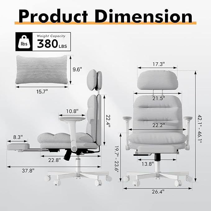 Criss Cross Chair with Wheels & Flip-up Arms, Executive Office Chair with Foot Rest, Swivel Cross Legged Office Chair with Lumbar Pillow, Corduroy Comfy Computer Desk Chair for Home, Grey