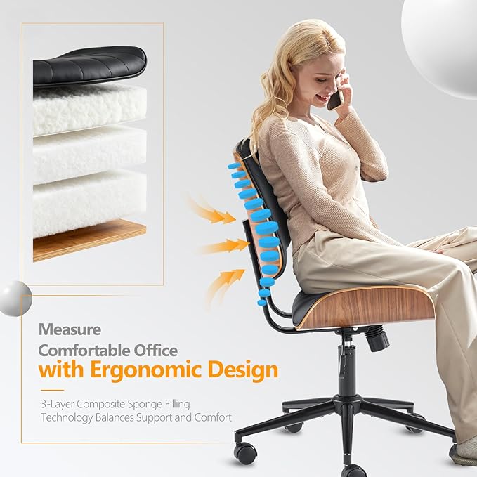VINGLI Wide Curved Seat&Back Armless Home Office Chair,Ergoromic Adjustable-Height Desk Chair,Swivel&Tilting Function,Stylish Walnut Task Chair for Meeing Room,Dining Room,PU, Black