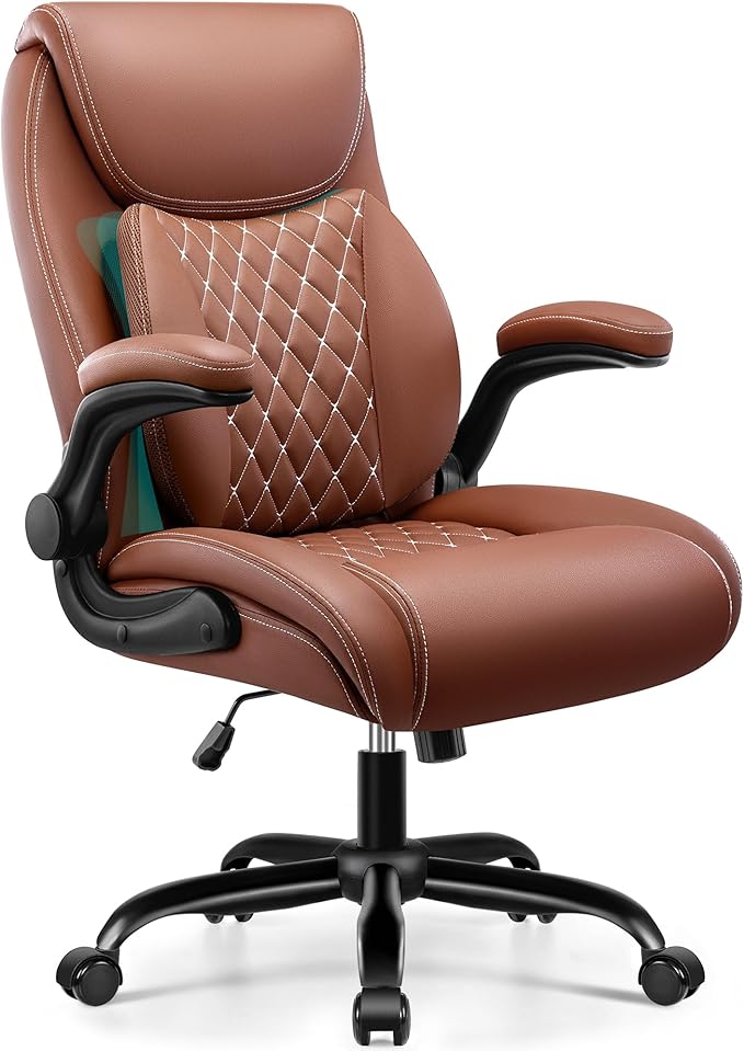 Office Chair, Ergonomic Desk Chairs with Lumbar Support for Lower Back Pain Relief, Executive Leather Chair with Padded Flip-up Armrests and Wheels, Brown