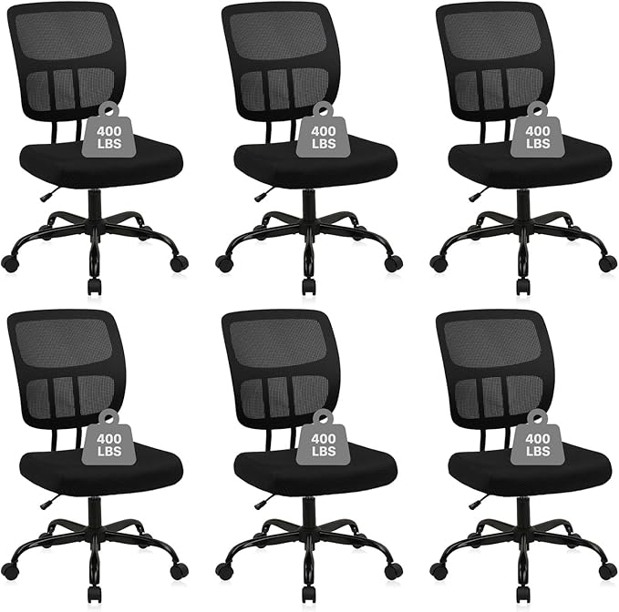 CLATINA Armless Home Office Chair, Small Ergonomic Mesh Back Desk Chair with Lumbar Support and Wheels, Adjustable Height 360° Swivel Rolling Computer Chair for Conference Waiting, Black, 6Pack