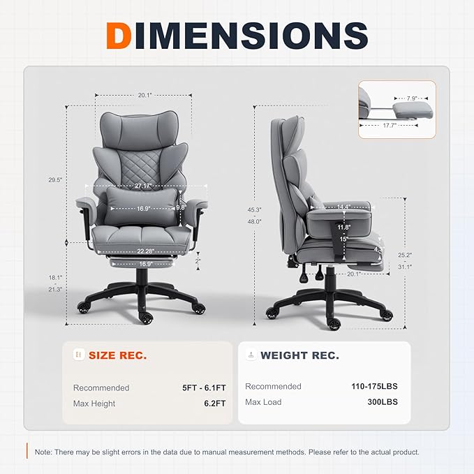Dowinx Big and Tall Office Chair with Pocket Spring Cushion,High Back Computer Gaming Chairs with Adjustable Armrests and Lumbar Support,Executive Desk Chairs with Footrest(PU Leather,Grey)