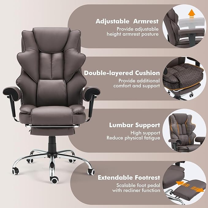 HOMREST 6-Point Massage Executive Chair, Ergonomic Heated Office Chair with Adjustable Backrest & Armrests, Home Office Desk Chair, Leather Computer Chair with Retractable Footrest(Brown)